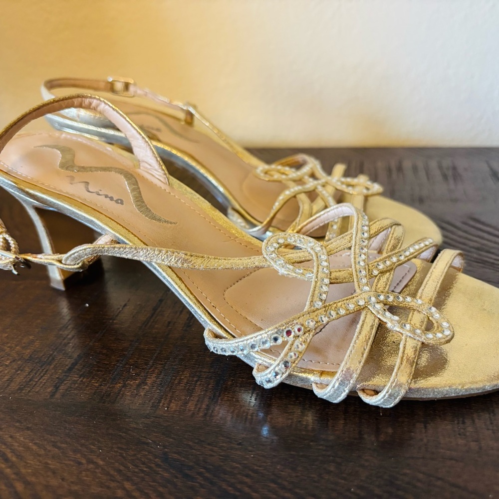 Nina Gold Rhinestone Strappy Heels Women’s‎ Size 8 Formal Evening Wedding  Prom